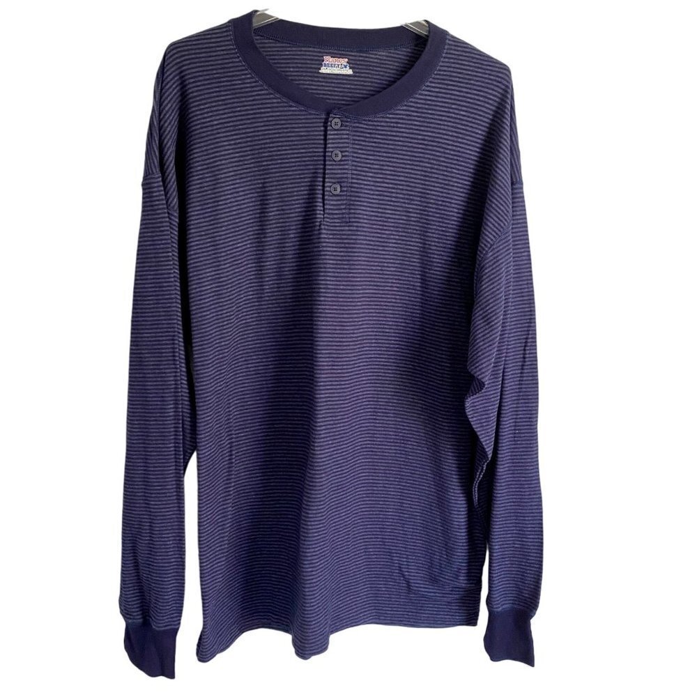 Hanes Beefy Long Sleeve Henley Shirt Blue Stripes Big and Tall Size 2XL